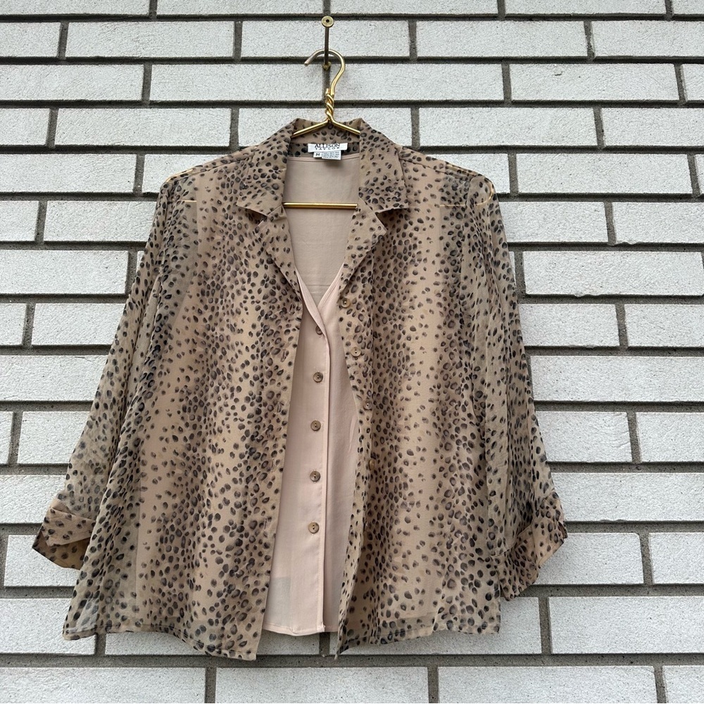 Vintage Allison‎ Taylor Silk Animal Print Blouse Set Neutral Tan Cheetah M